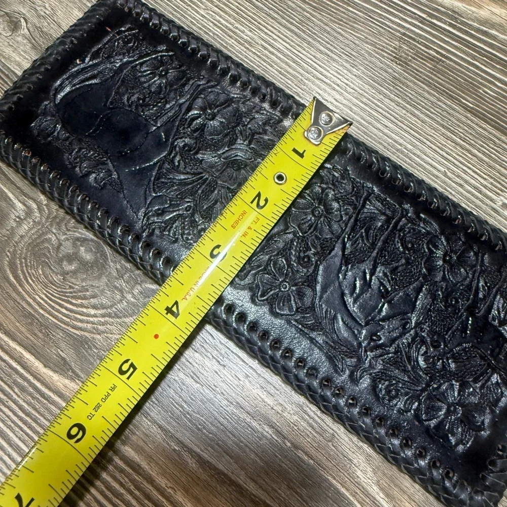Vintage Tooled Leather Horse Wallet Western Cowboy Black Whipstitch Money Clip